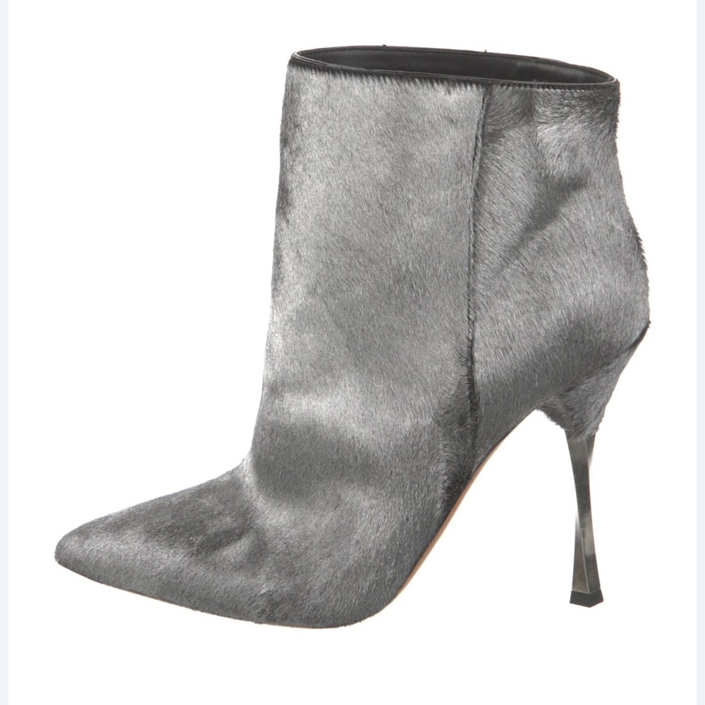 Valentino Genuine Calf Hair Pointy Toe Ankle Boot Twisted Heel Shoe